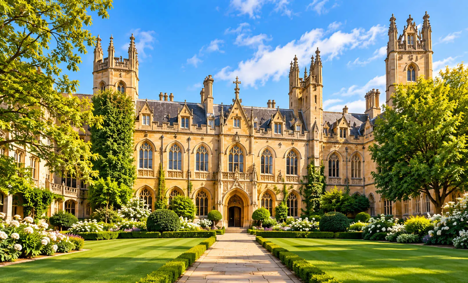 Historic Gothic college courtyard in Cambridge