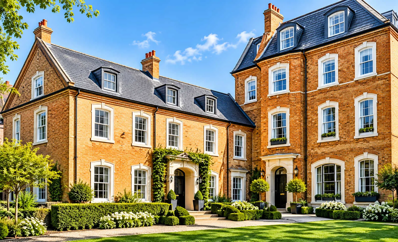 Red-brick period houses with formal gardens in Essex