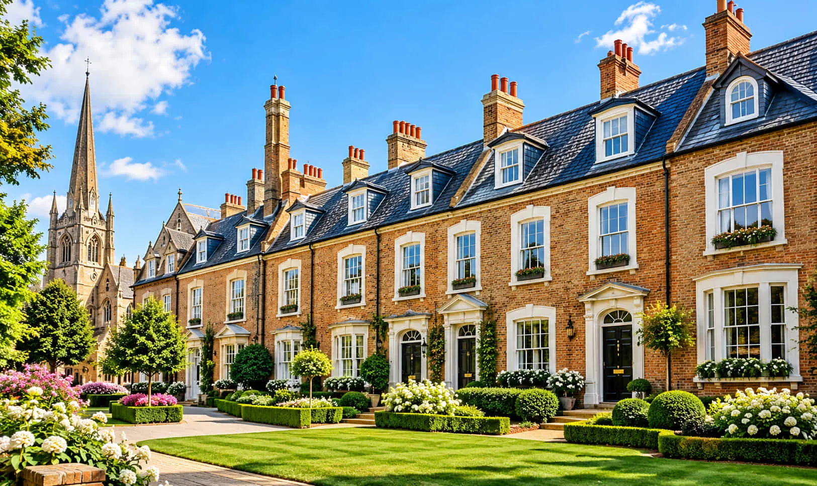 Georgian brick terrace and church spire in Hertfordshire