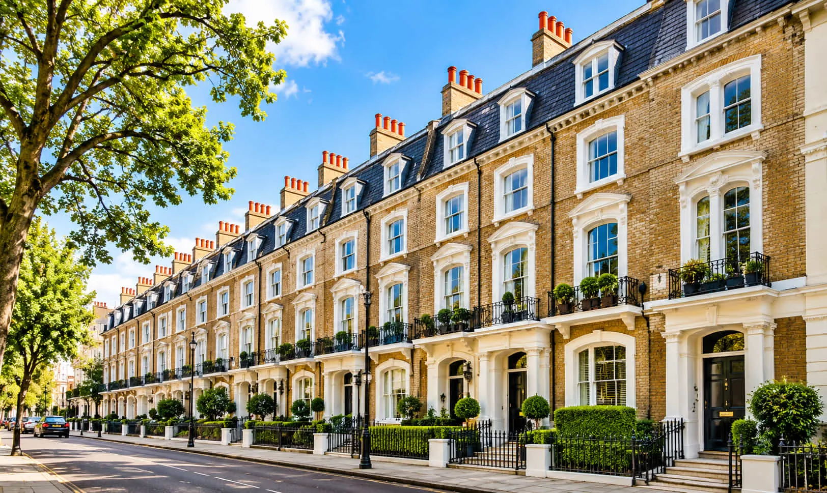 Tree-lined London street of period terraced townhouses
