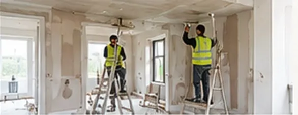 Plastering operatives in hi-vis working on ladders in a building under refurbishment