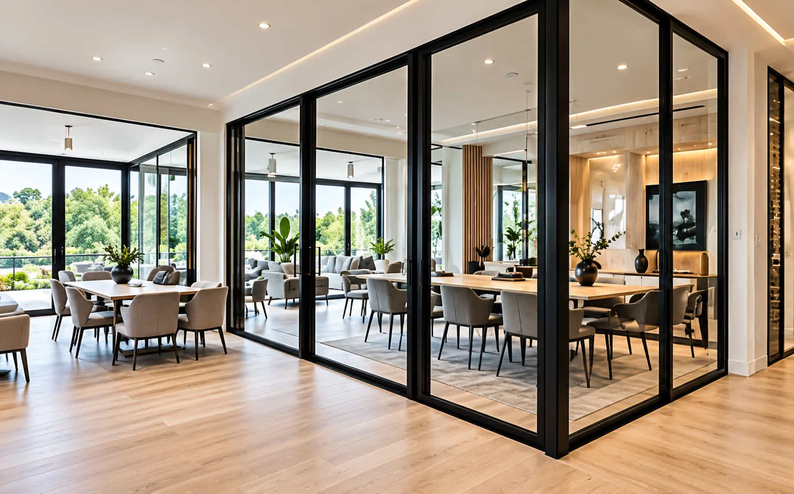 Commercial interior with glazed meeting rooms and plastered walls