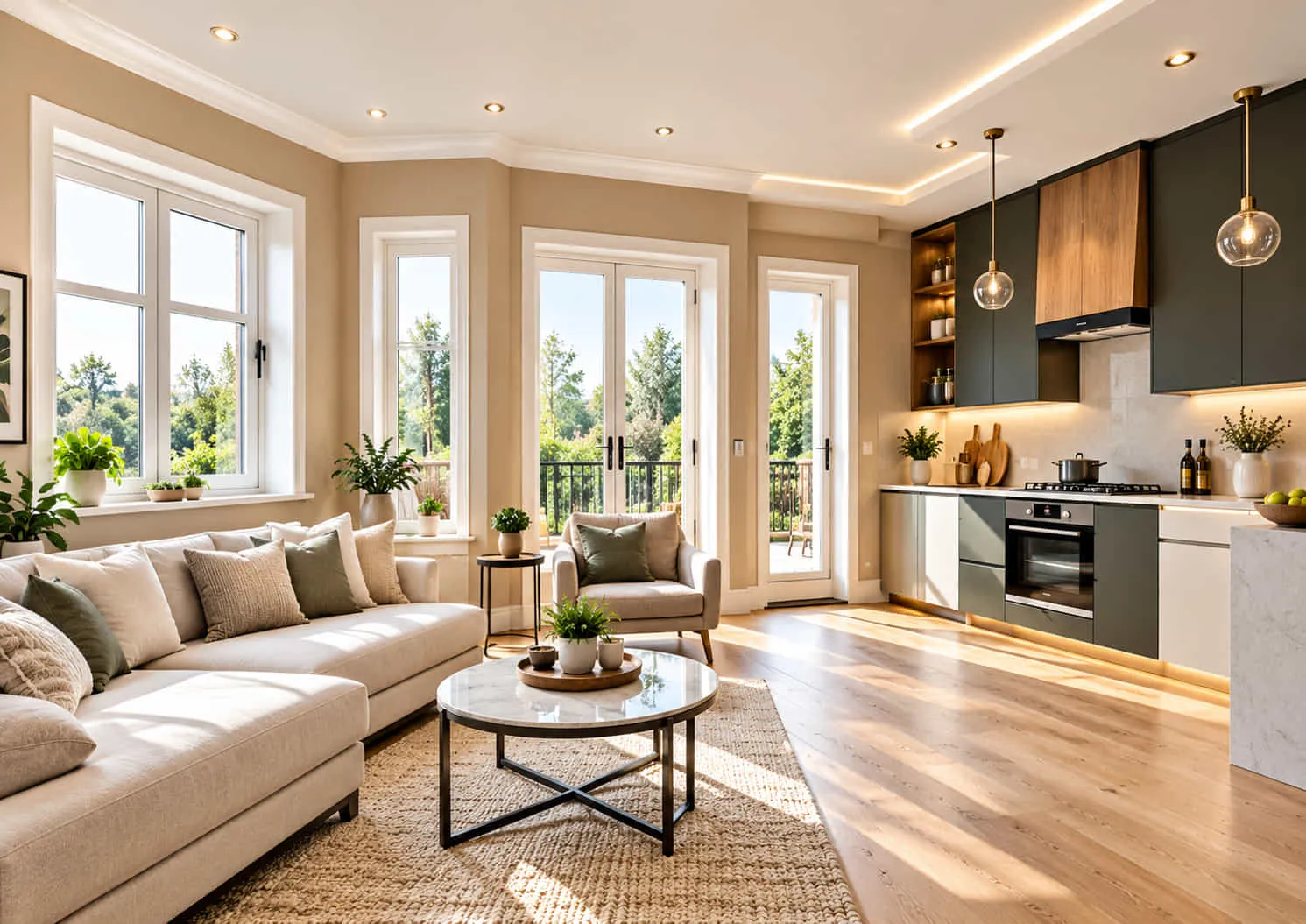 Renovated open-plan living room and kitchen with smooth skimmed walls