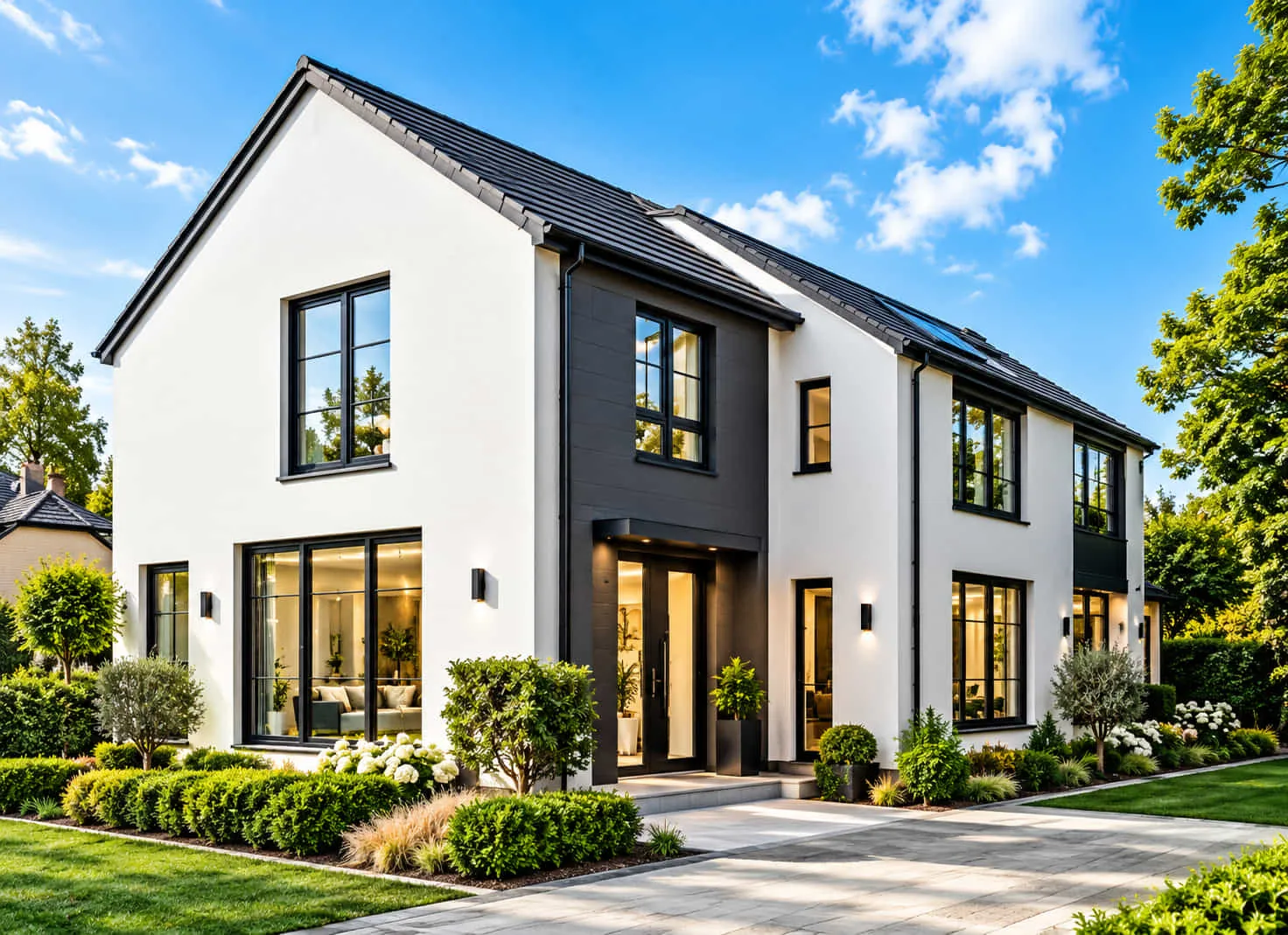 New-build family home with a white render finish and charcoal cladding