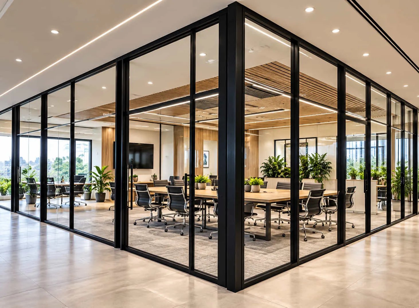 Office with a black-framed glass meeting room and plastered walls and ceiling