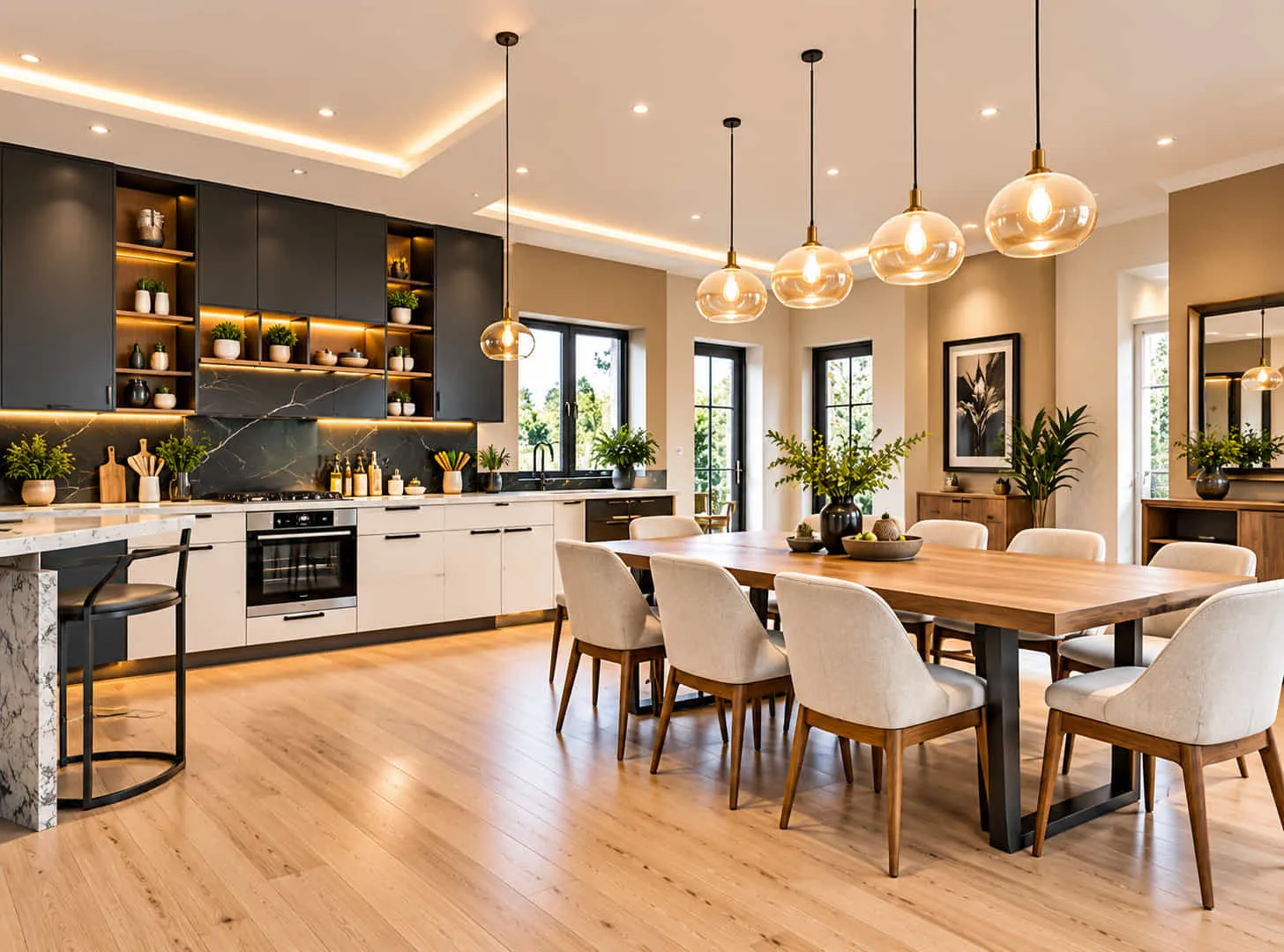 Dining space after a hospitality fit-out with plastered walls and a lit ceiling