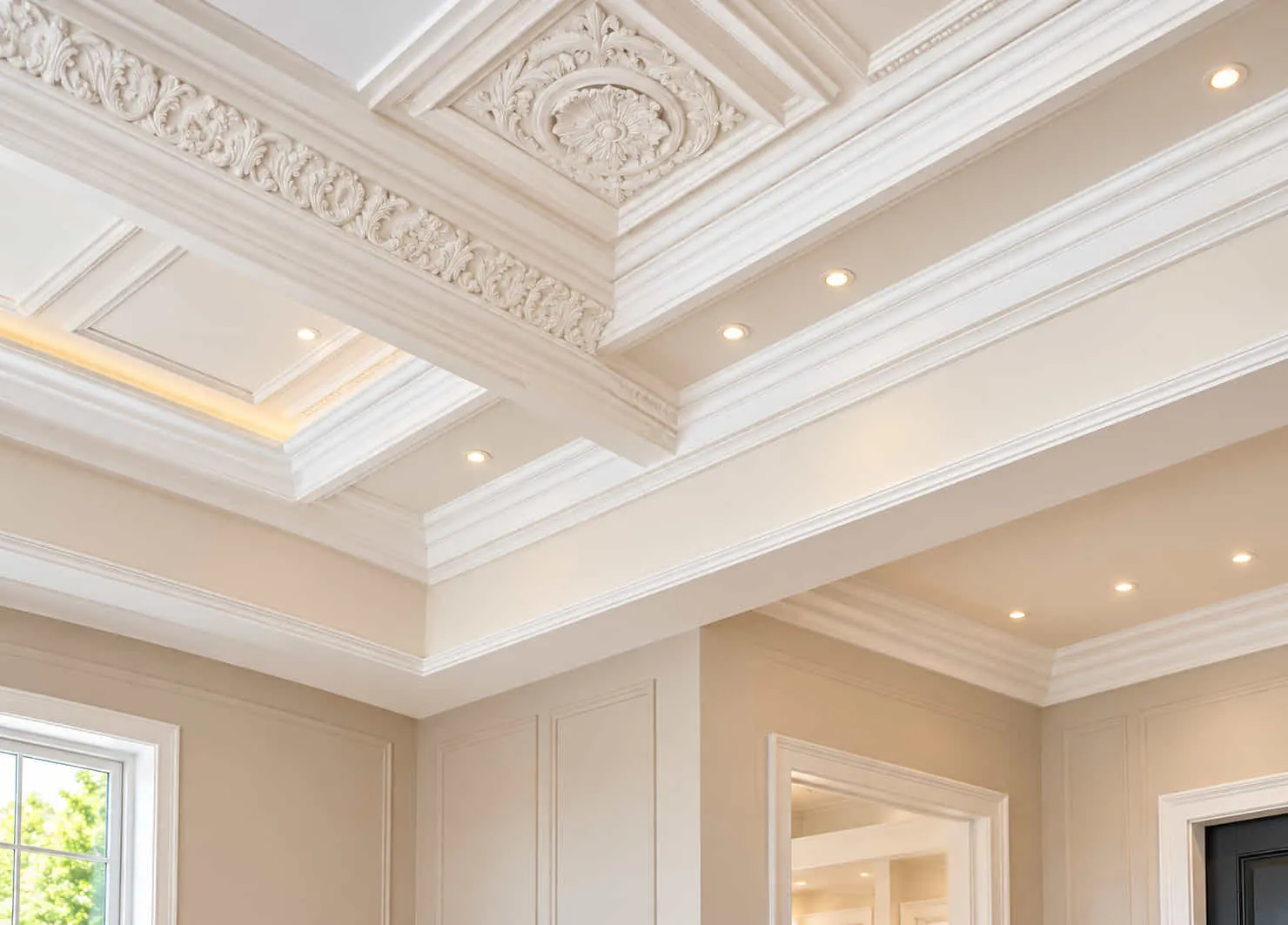 Restored ceiling with decorative plaster cornice