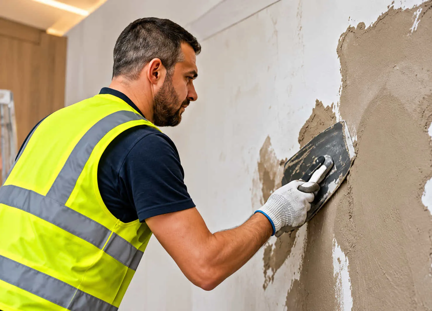 Plasterer in hi-vis applying plaster to a wall with a trowel