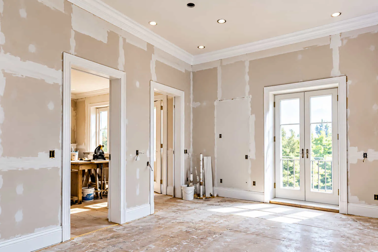 Sunlit room with cornicing and door frames fitted, walls prepared for finishing