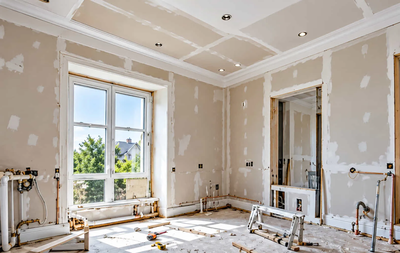 Bright room with taped plasterboard walls and exposed pipework before plastering
