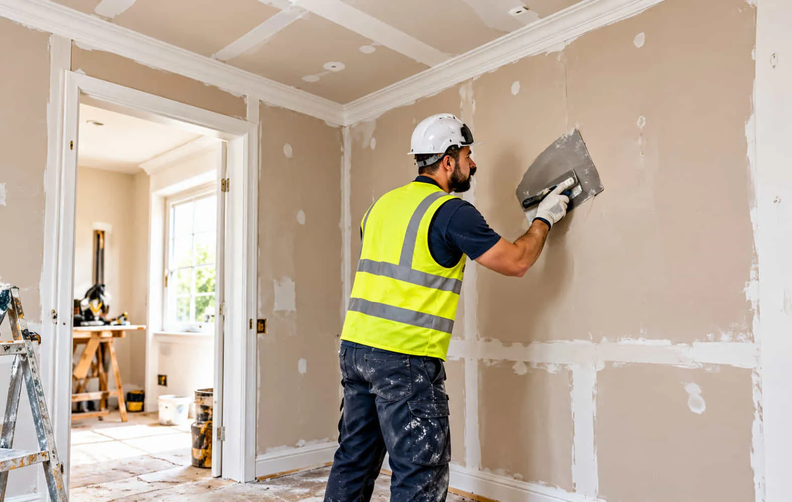 Plasterer in hi-vis and hard hat skimming a wall with a trowel