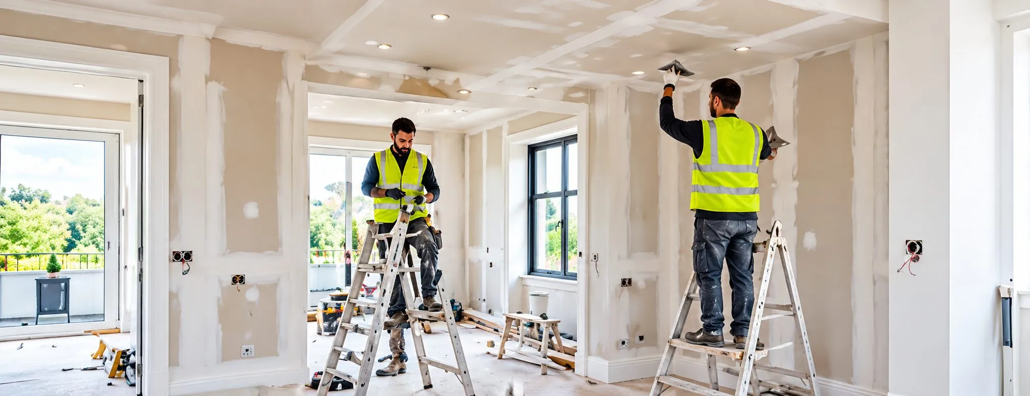 Plastering team working on a commercial interior